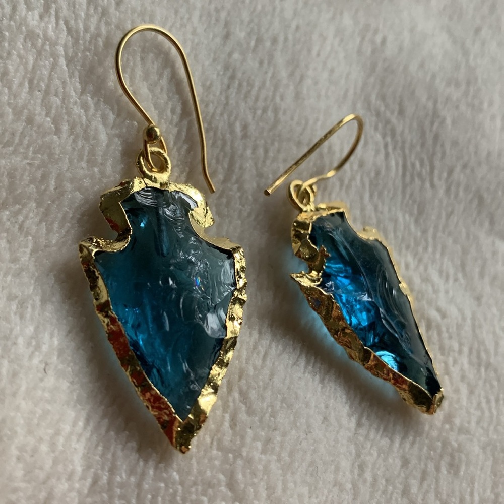 Arrowhead earrings clear blue textured jewel glass gold framed pierced new